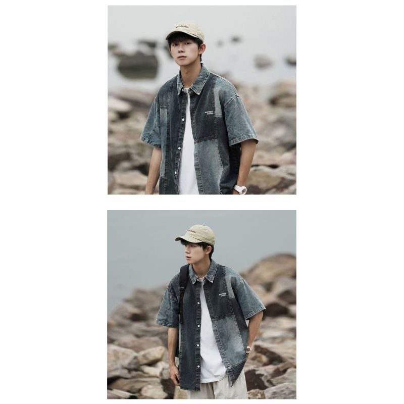 American Summer Profile Splicing Denim Vest Men's Short-sleeved Shirt Niche Men and Women Teenagers Couple Jacket