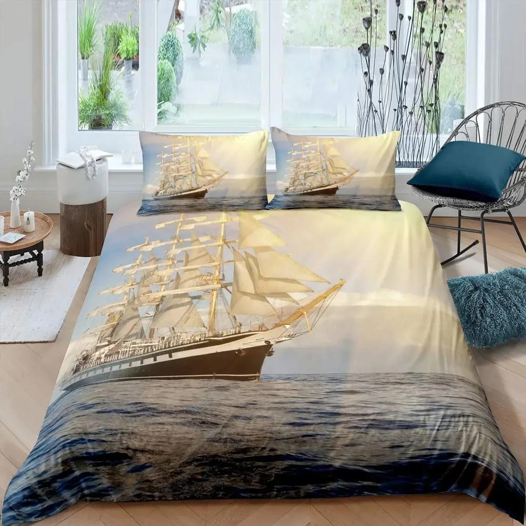 Segelboot Bettbezug Set Maritimes Bettwäsche Set Segelschiff Bettbezug Holzboot Piratenyacht Abenteuer Thema Quiltbezug