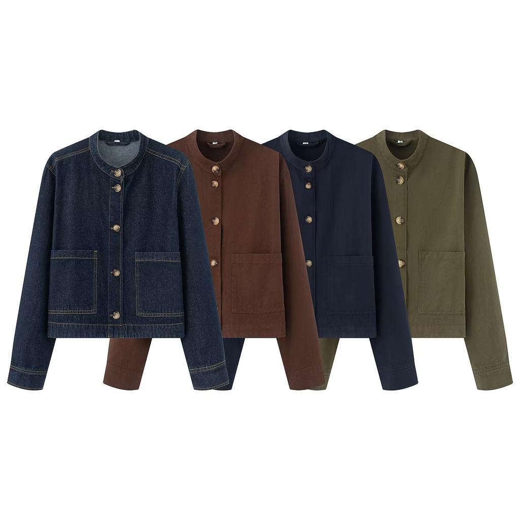 European and American style autumn women's clothing new fashion temperament versatile pocket twill long-sleeved denim jacket