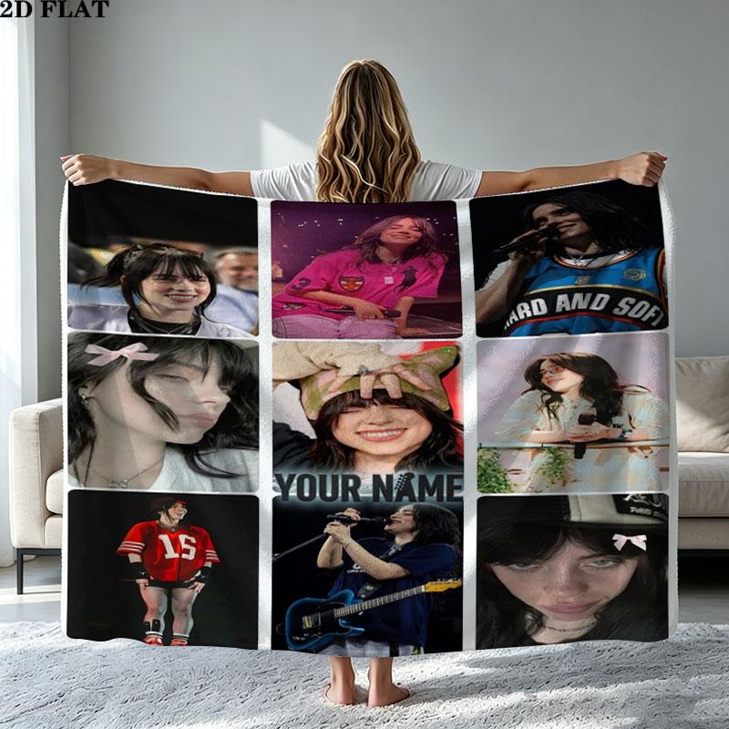 1PC Billie Eilish Custom Name Patterned Flannel Blanket Suitable For All Seasons for Home Decor Warmth and Comfort Gifts Holiday Present