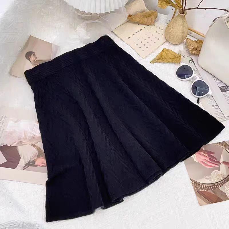 Knitted Midi Skirt for Women Autumn and Winter High Waist Short A-line Pleated Skirt Short Skirt
