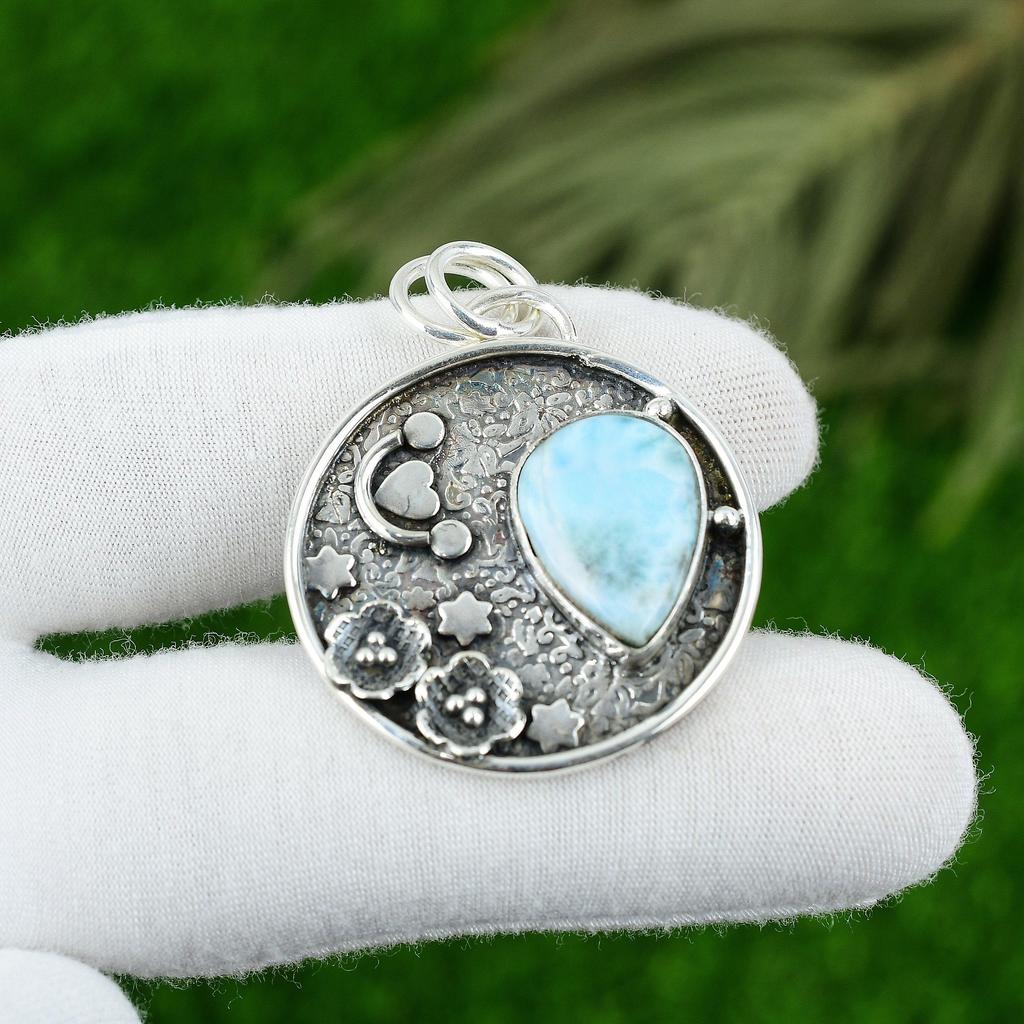Geschenk für Frauen Schmuck Anhänger 925 Sterlingsilber Natürlicher Larimar Edelstein