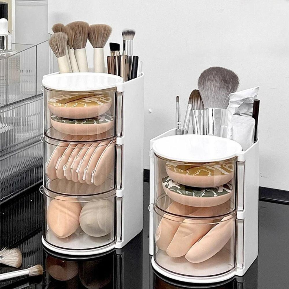 3-Layer Makeup Brush Holder Transparent INS Jewelry Organizer Box Dustproof Large Capacity Cosmetic Storage Box Powder Puff