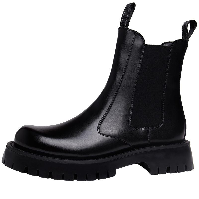 Men's Black British-Style Chelsea Boots: Soft Leather, High Top, Thick Sole, Motorcycle Workwear