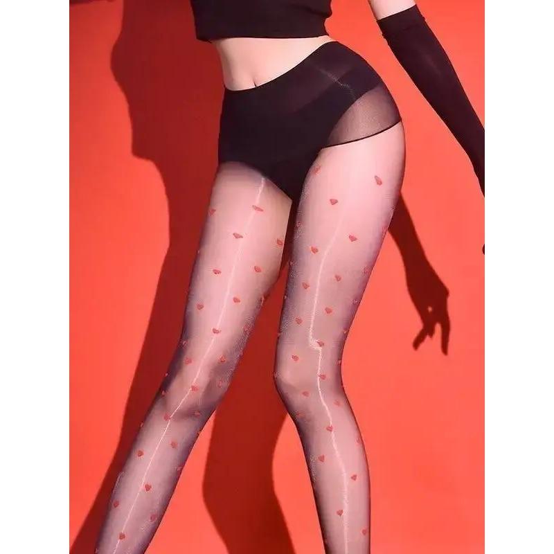 Rotes Herz Frühling Sommer Dünn Ultra Transparent Sexy JK Schwarze Strumpfhosen Damenstrumpfhosen Anti-Zieh-Jacquard Basisstrümpfe 6KCA