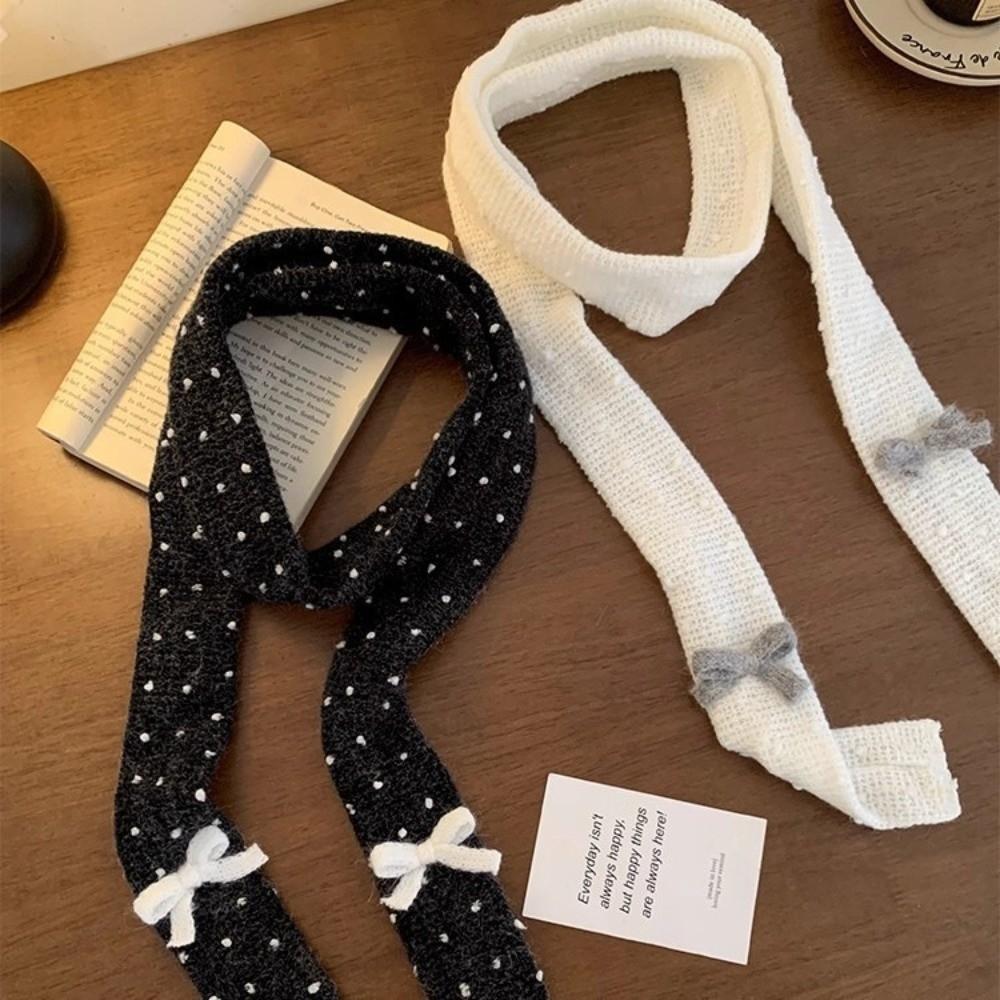 All-match Polka Dot Bow Wool Shawl Y2K Harajuku Knitted Scarf Ribbon Korean Style Long Narrow Scarves Ladies