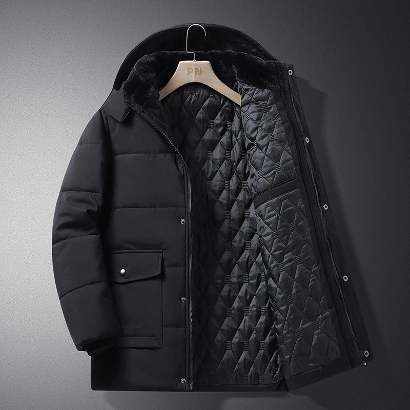 Męska kurtka zimowa średniej długości z kapturem i pluszową podszewką dla taty