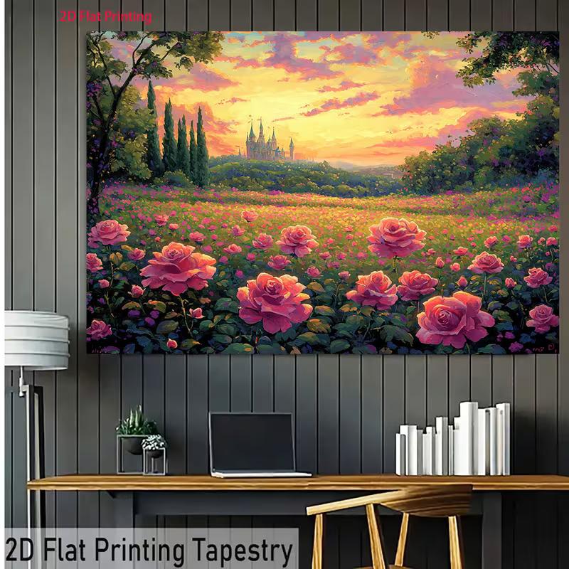 2D Enchanted Rose Garden Backdrop Castle Sunset Photography Background