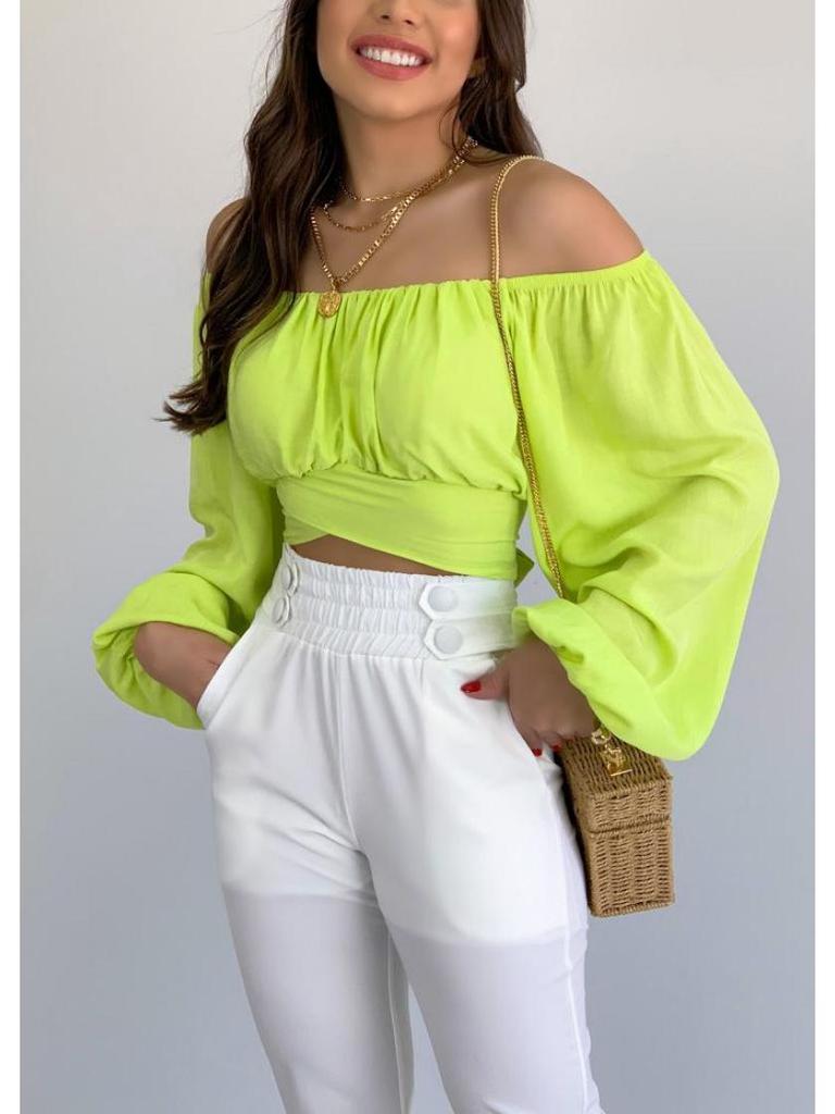 European & American Women's Off-the-Shoulder Lantern Sleeve Crop Top with Lace-Up Design