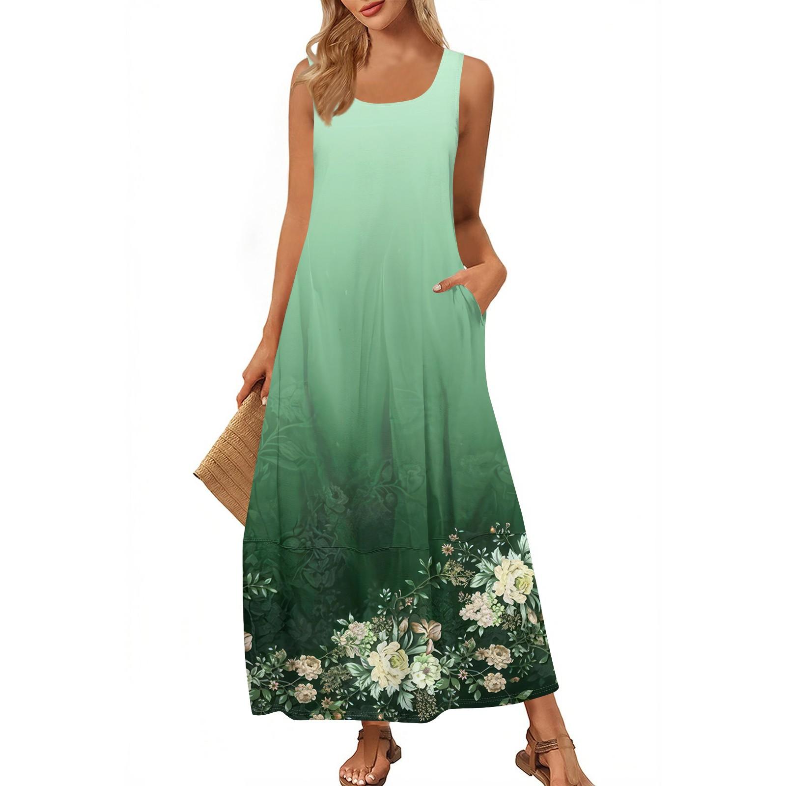 

Женский повседневный сарафан длиной до пола, летнее пляжное платье, круглый вырез, без рукавов, свободный сарафан с принтом XXL