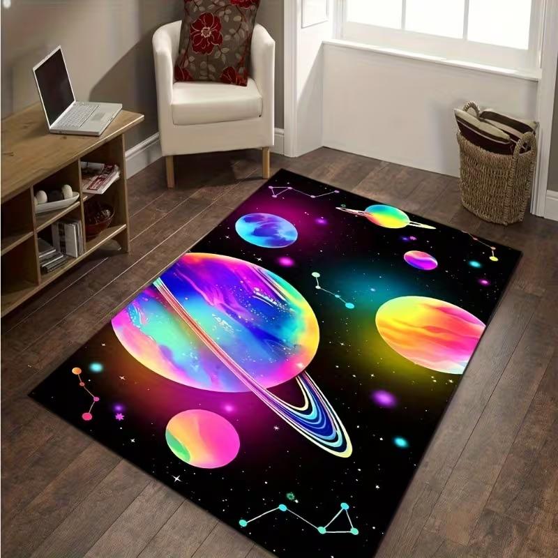 Interstellar Space-Themed Area Mat - Vibrant Galaxy & Planet Design Soft Floor Mat for Living Room Bedroom Office Room Decor