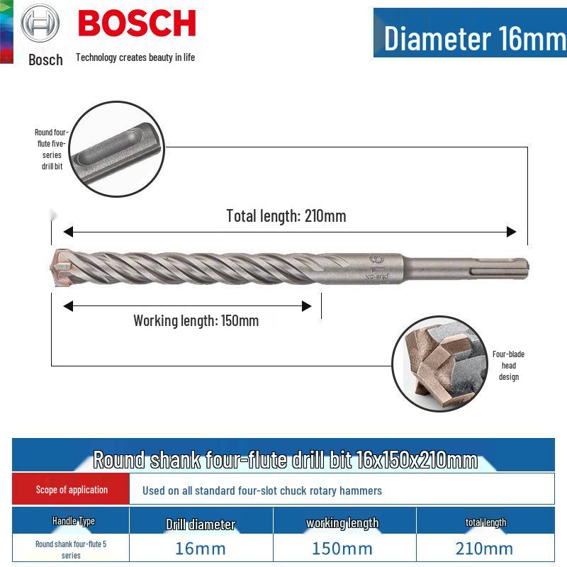Bosch 5-Series Electric Hammer Drill Bit, Four-Groove, Cross Wall-Penetrating, Extended Length, Round Shank for Concrete.