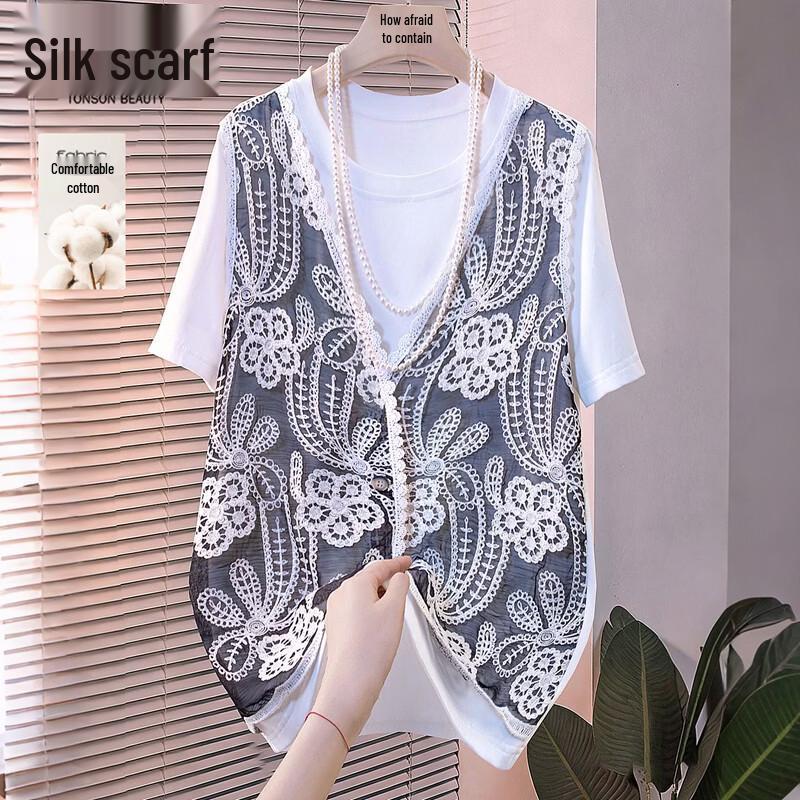 Women s Patchwork Faux Two-Piece Short Sleeve T-Shirt M