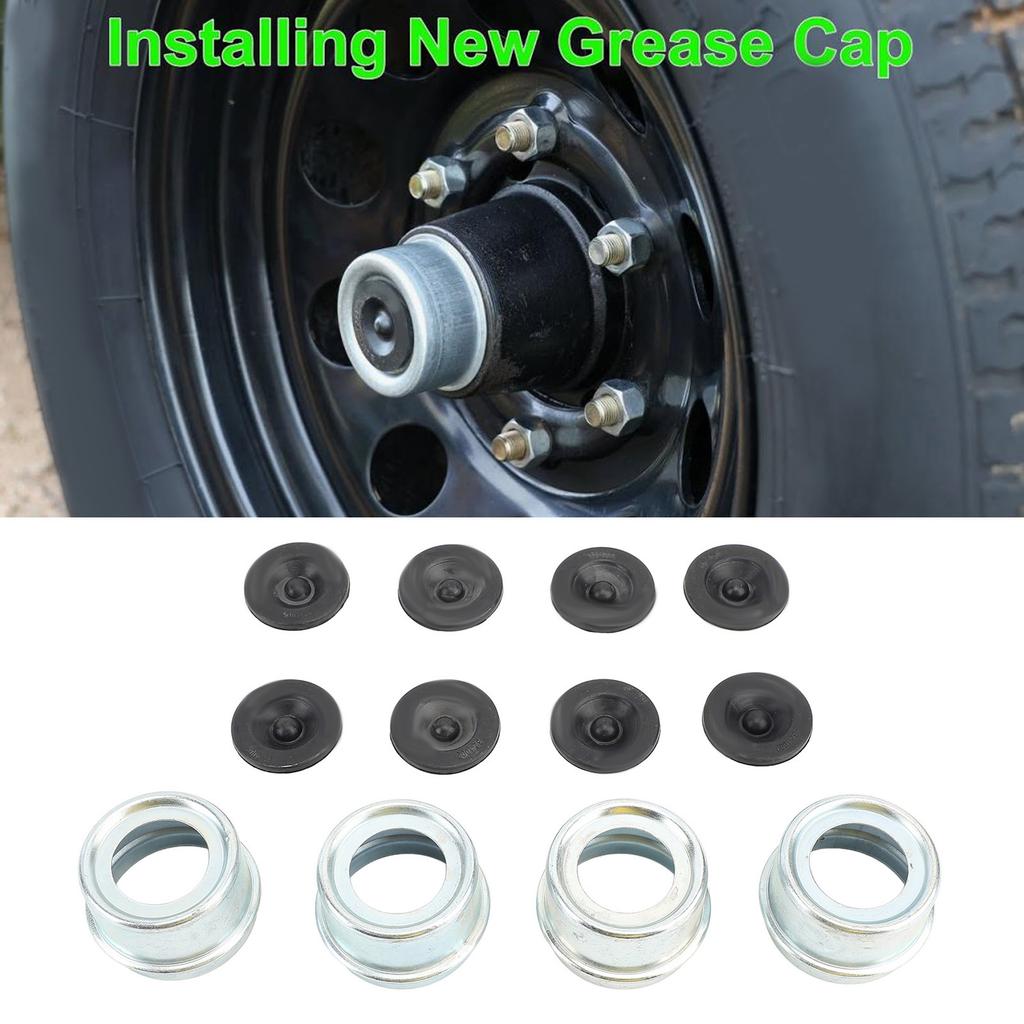 4 Set Trailer Hub Bearing Dust Caps Trailer Axle Dust Cap Wheel Center Caps Grease Covers with 8 Rubber Plugs for Camper RV Boat 2.72in 7000‑8000 Lbs