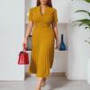 Women Summer Pleated High Waist V Neck Dress