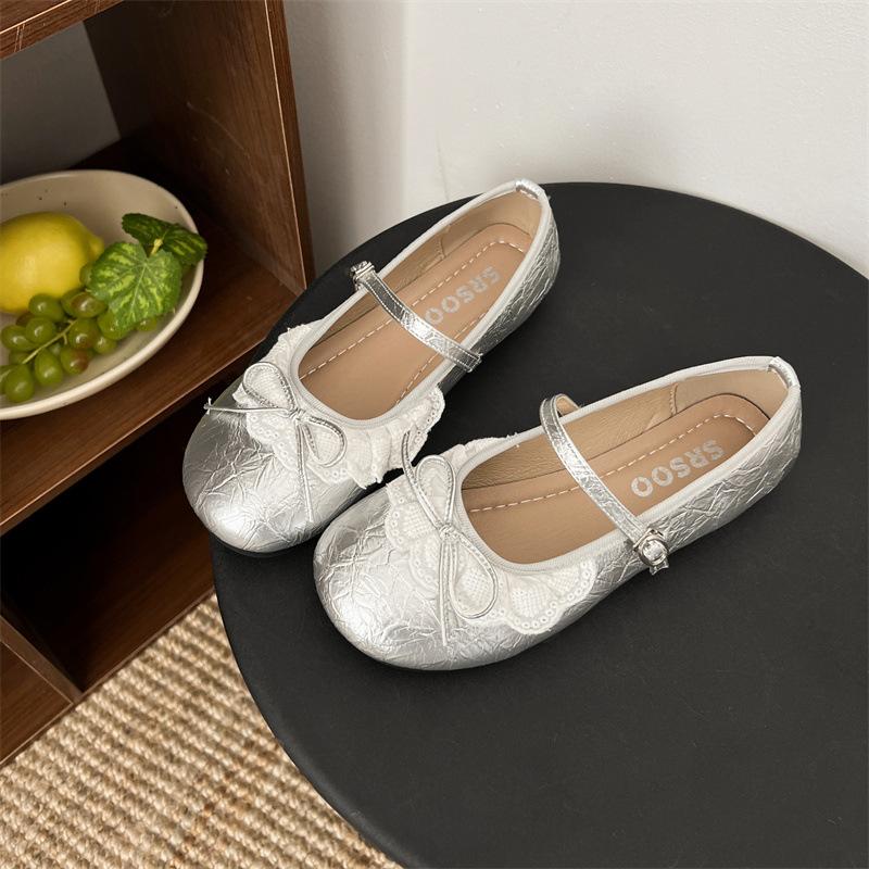 Silver Bow Shoes Women Mary Jane Single Shoes Spring and Summer New Fashion Explosion Fairy Style Ballet Shoes