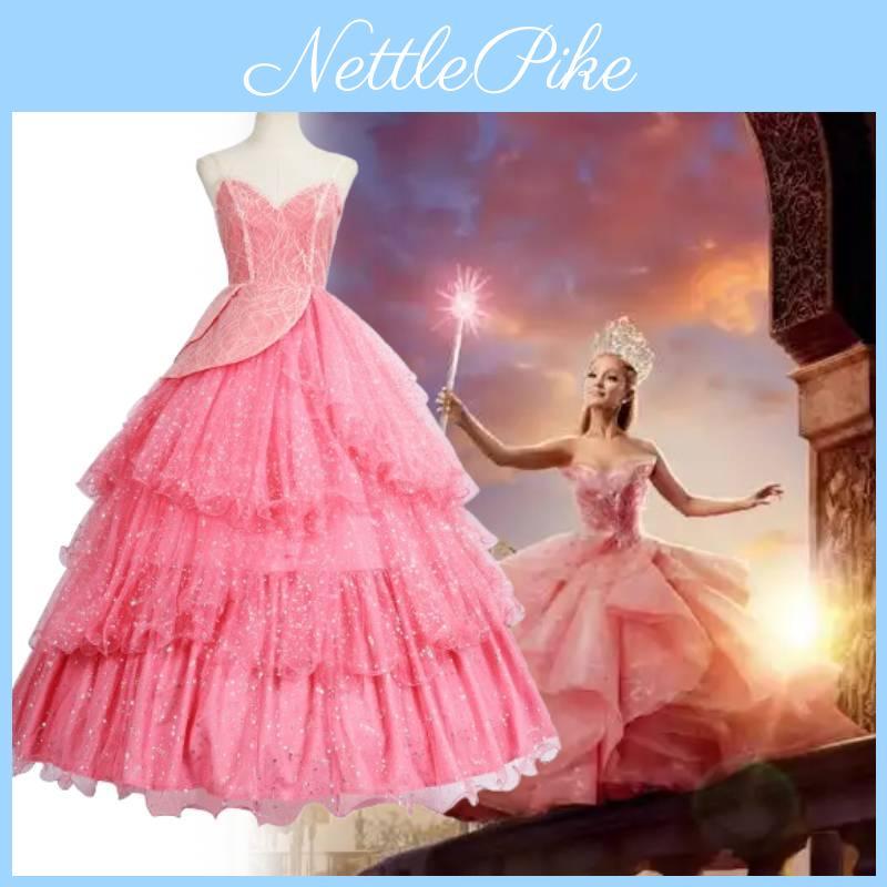 Wicked Glinda Pink Dress Cosplay Costume With Petticoat For Halloween Parties