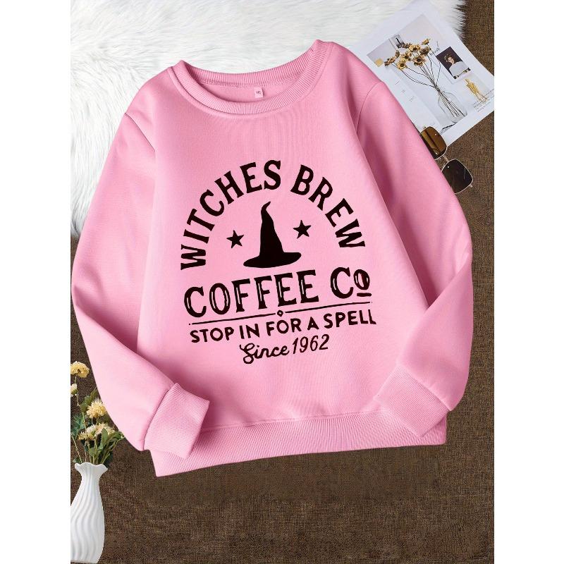 Girls' Witchy Coffee Shop Graphic Sweatshirt - with Witch Hat & Coffee Cup Print, "Witches Brew Coffee Co" Design,