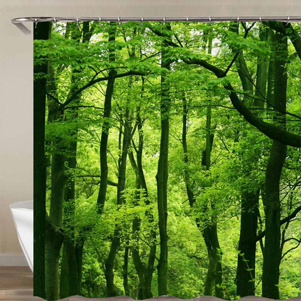 Green Forest Shower Curtain with Hooks 3D Scenery Shower Curtain Waterproof Garden Shower Curtain for Bathroom
