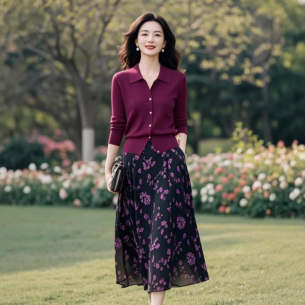 Spring & Autumn Casual Elegant Knit Sweater & Floral Midi Skirt Set for Middle-Aged Women