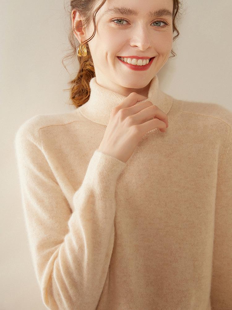 Women's High Neck Saddle Shoulder Cashmere Sweater - Solid Color, Versatile, Loose Knit Knitwear for Autumn/Winter