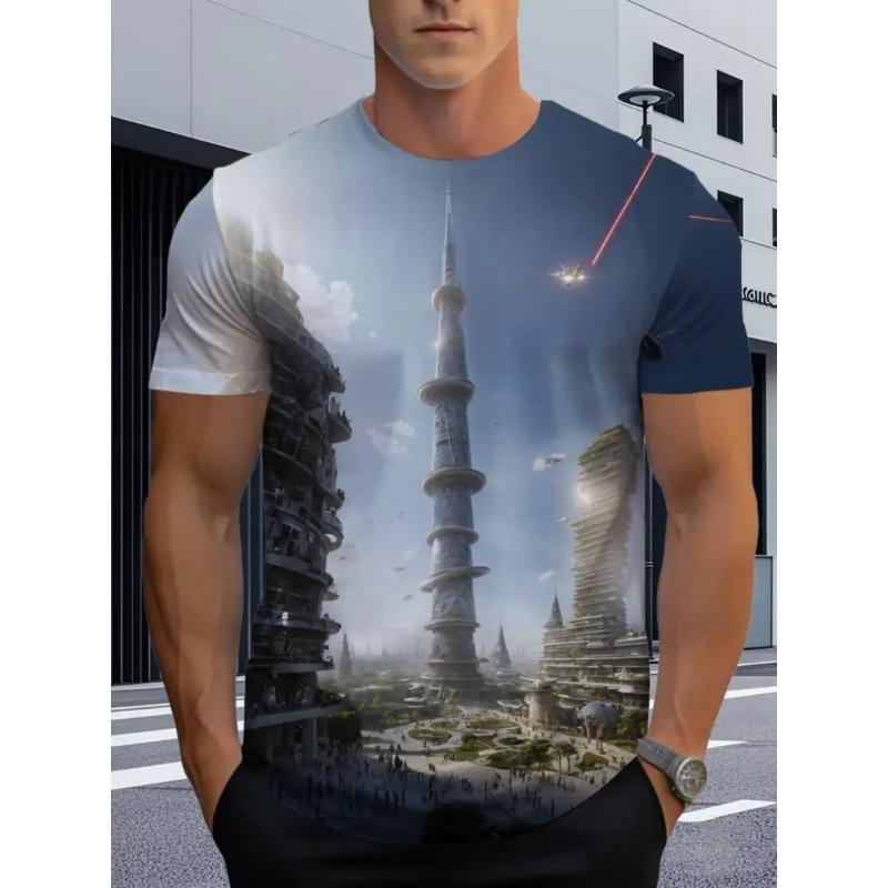 

Мужская футболка с 3D-принтом, с футуристическим городским узором, юмористическая футболка с цифровым принтом, с коротким рукавом, дышащий полиэстер, круглый вырез, повседневная 6XL