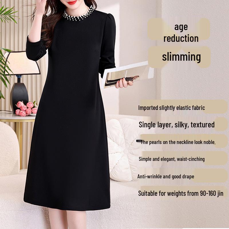 Hepburn Style Women's Elegant Black Midi Dress - Versatile Long Sleeve for Spring/Autumn 2026