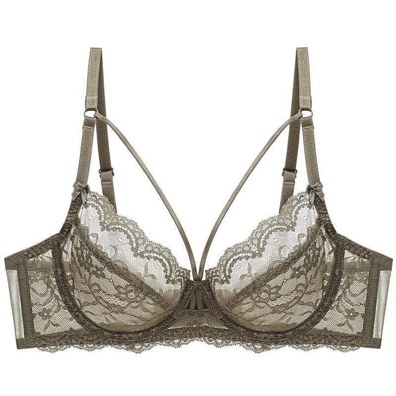 Womens Lace Ultra-thin Non-padded Transparent Bra Set Push Up Bust Minimizer