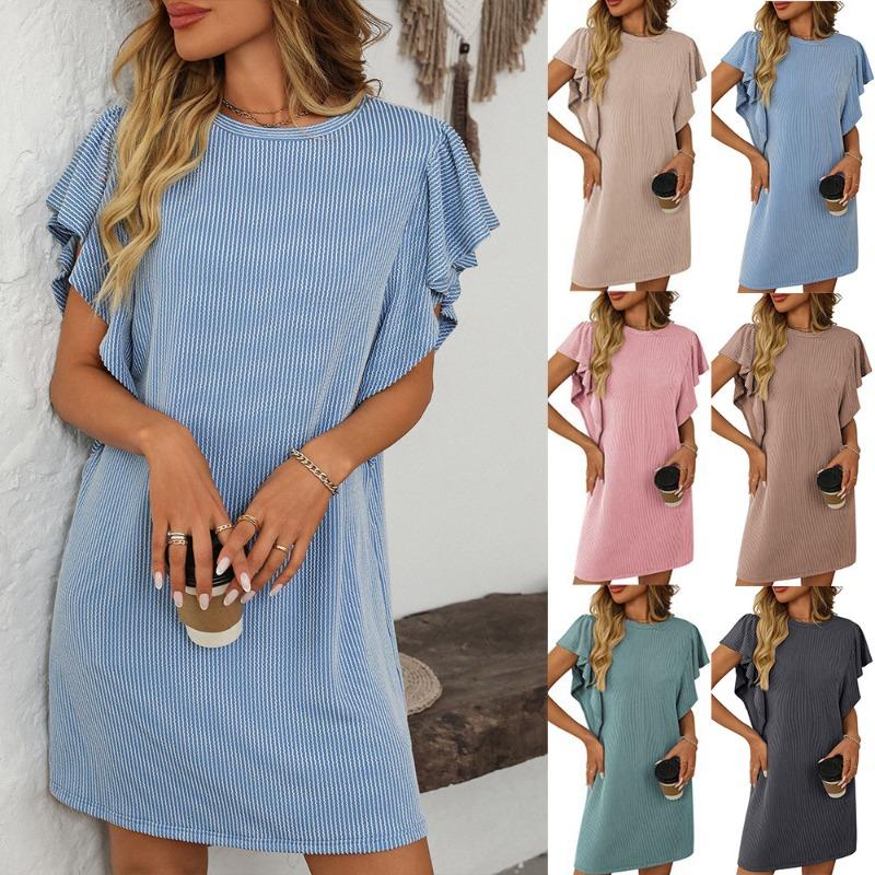 Summer Women's Contrasting Twisted Ruffle Solid Color Sleeves Mid Length Dress