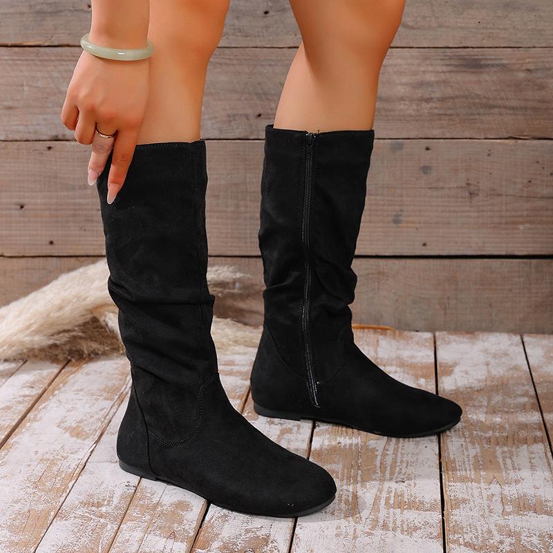Women's Plus Size Mid-Calf Combat Boots with Side Zip and Slouchy Pleated Detail – Autumn Winter New Arrival Genuine Leather Ankle Boots