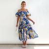 Women's Summer Strapless Print Pleated Dress Short Sleeve Ankle Length Fashion