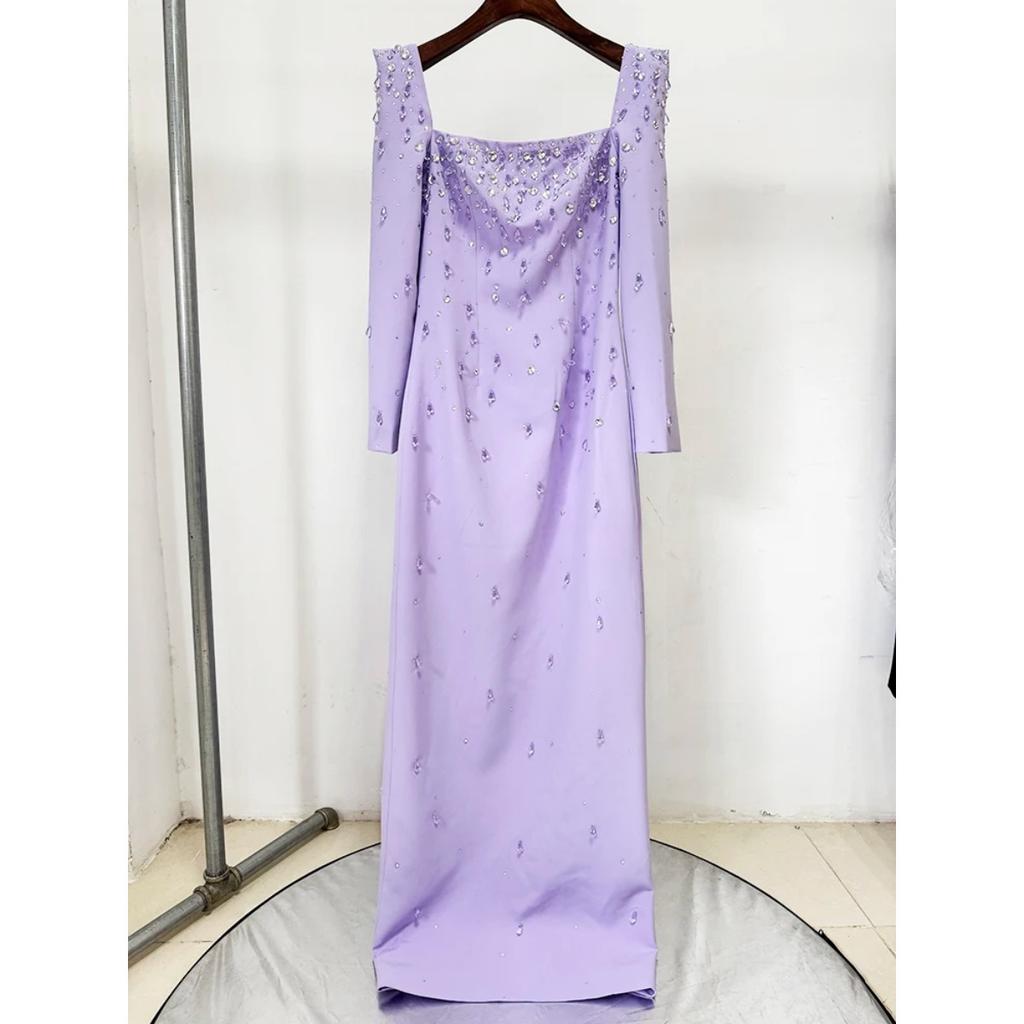 Newest Fashion Designer Vestido Women's Square Collar Beading Diamonds Long Sleeve Maxi Dress