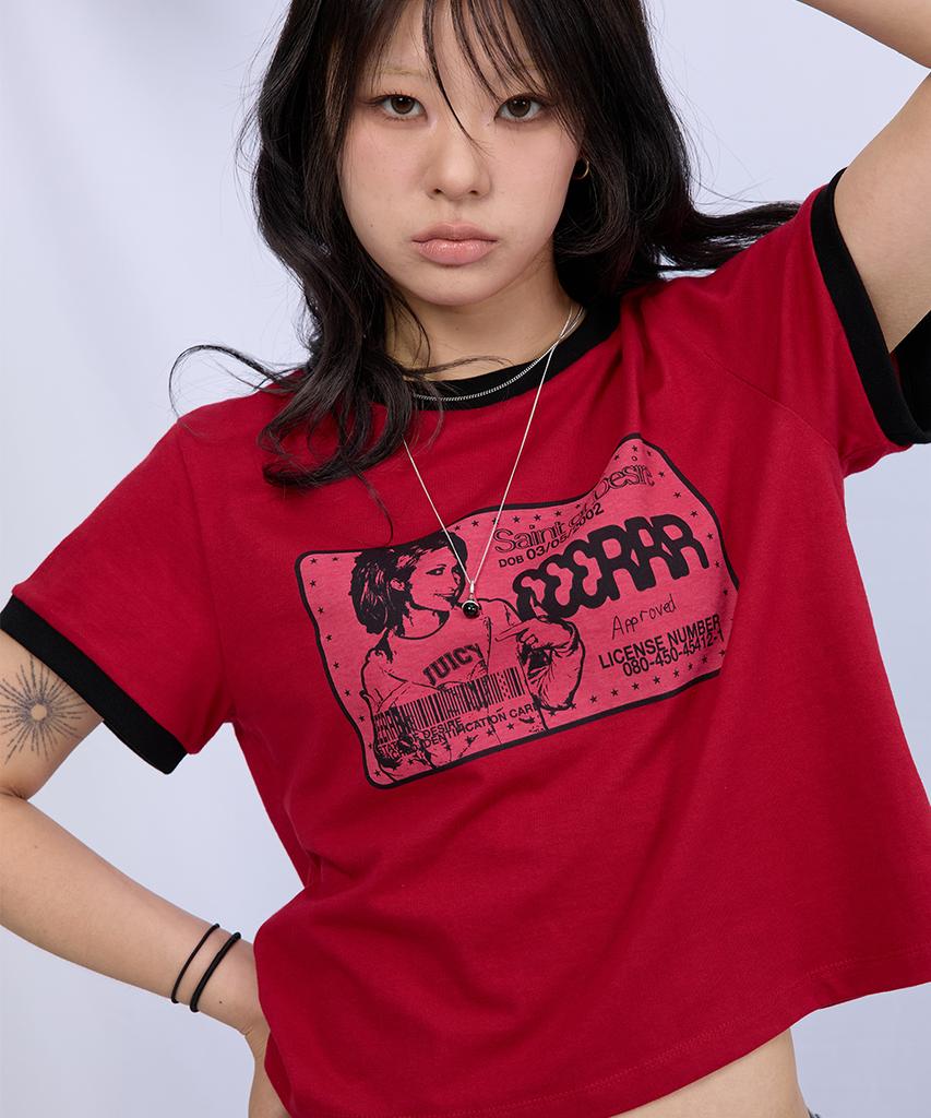 EEERRR Saint Licence Artwork Semi-Crop Ringer T-Shirt (Red)