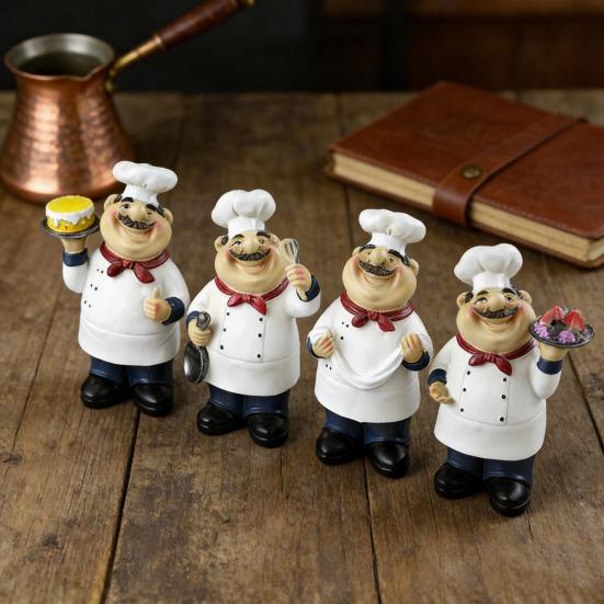 Yousheng Cartoon Chef Figurine Hand-Painted Holding Fruit Plate Cake Noodles Spoon Chef Statue Sculpture Home Kitchen Dining Room Decoration Ornament