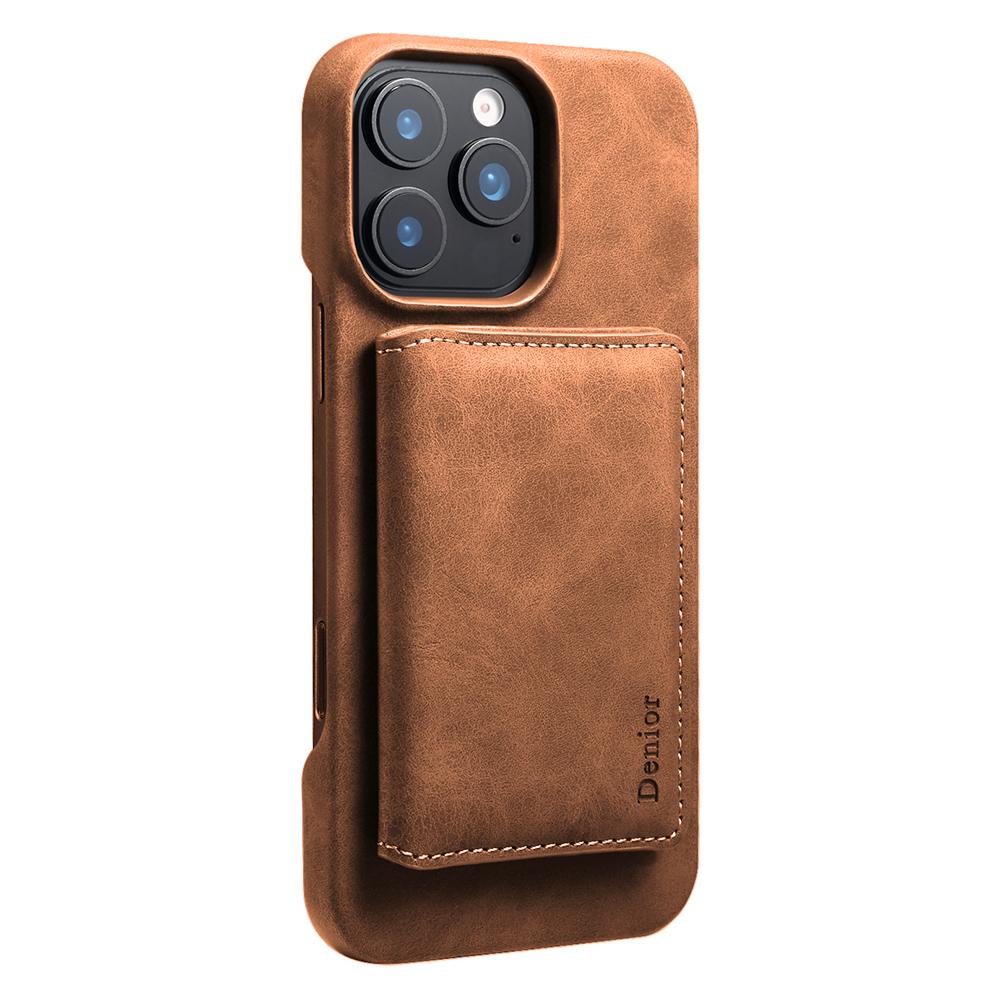 DENIOR D27 For iPhone 16 Pro Magnetic Case RFID Blocking Retro Leather Back Cover with Detachable Card Holder