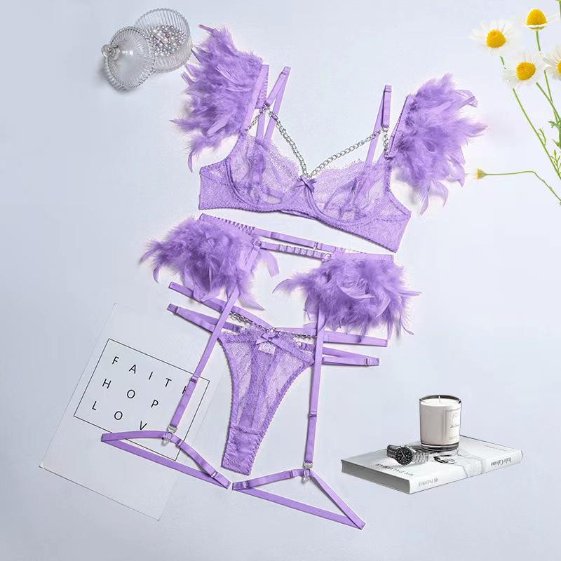 "Europe and America Trendy Sexy Feather Lace Chain Slimming Lingerie Set"