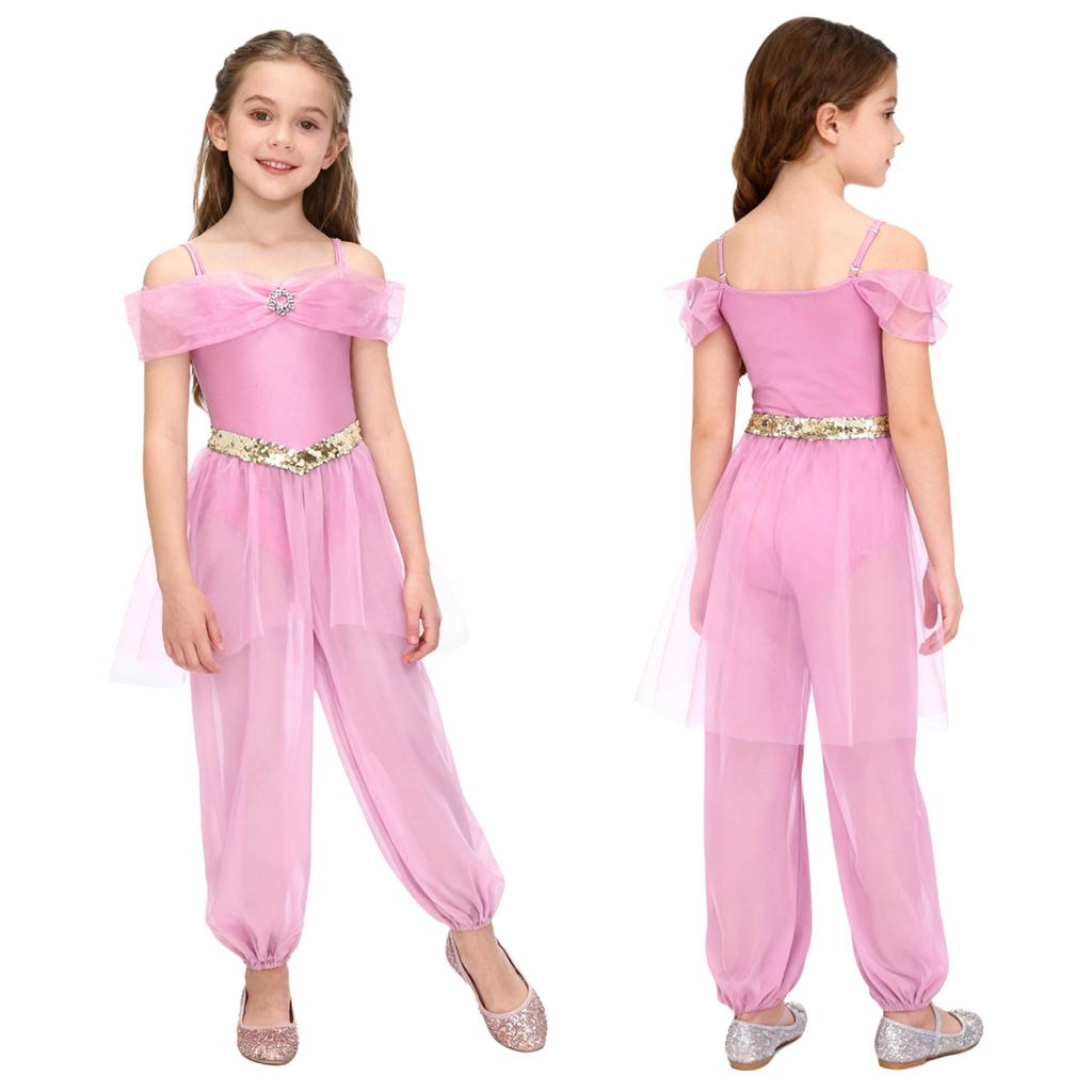 Costume Principessa Araba per Bambine e Ragazze Spalline Regolabili con Strass Paillettes Fascia Decorativa in Vita Sovrapposizione in Rete Pantaloni Lunghi con Slip Integrati per Cosplay