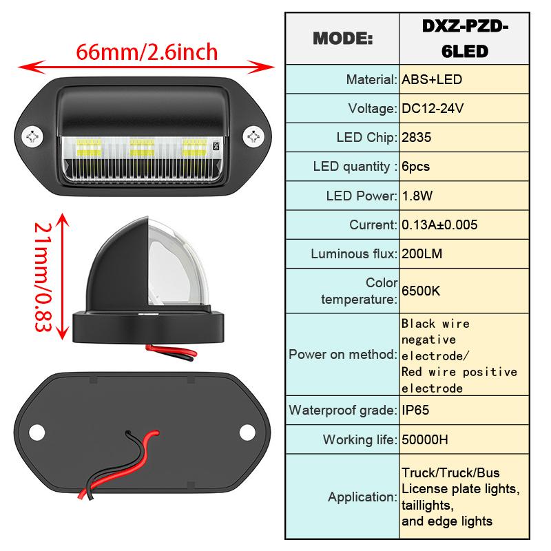 2 PCS Car Truck License Plate Light Lamp 12-24V 6 LED Cars Bus Taillight Edge Lights White Bulbs Motorcycle Signal Light