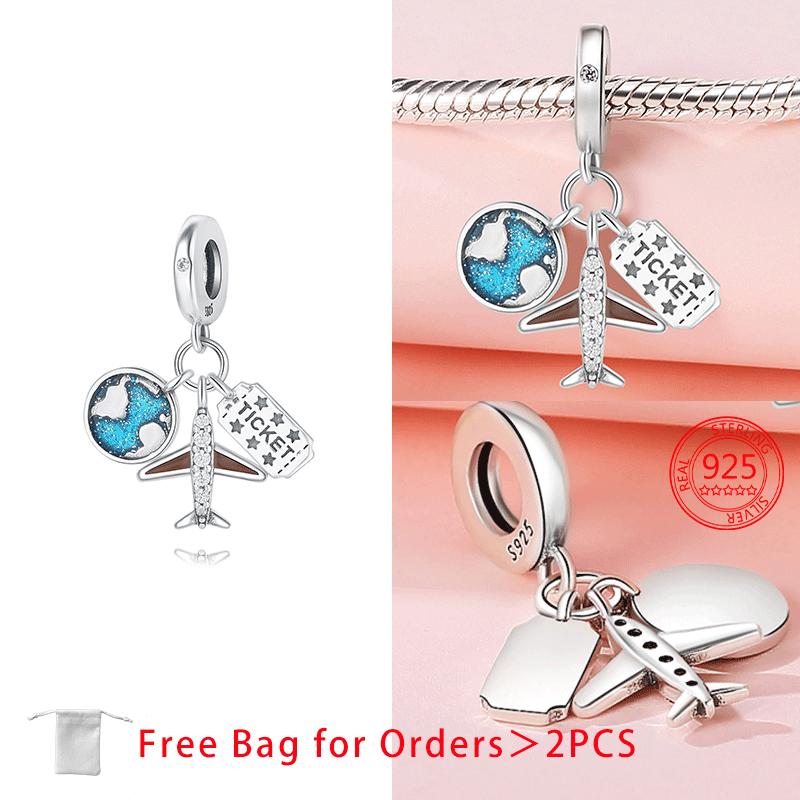 Original Copper Charms Earth Plane Ticket Suitcase Camera Beads Pendant Fit Bracelet Diy Fine Women Jewelry Gift