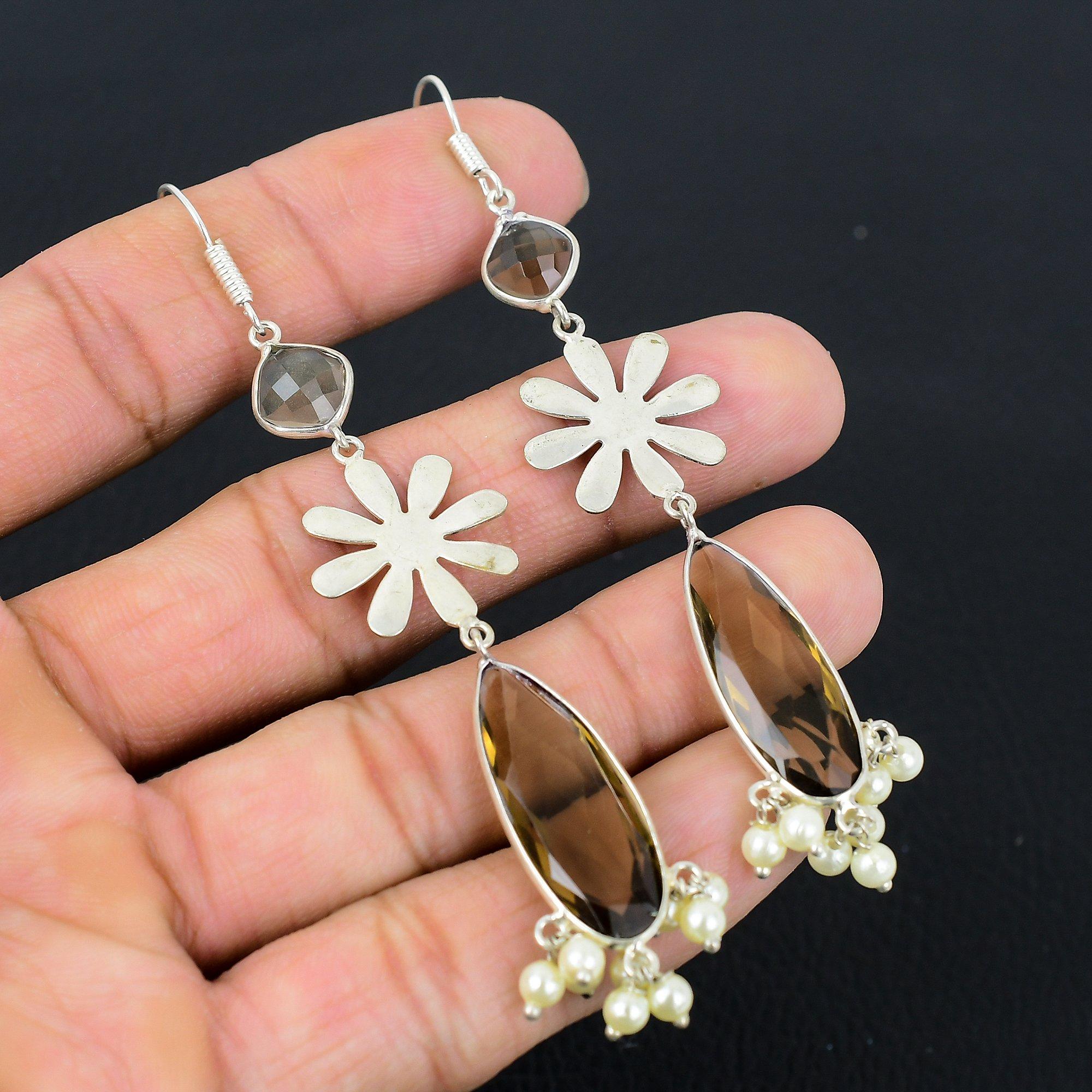 

Smokey Quartz Gemstone 925 Sterling Silver Artisan Birthday Drop Dangle Earrings