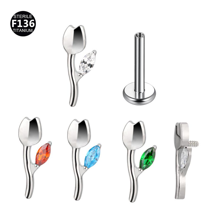 

F136 Titanium Alloy Tulip Lip & Ear Tragus Piercing, 1.0/1.2mm Rod, 0.9 Teeth 1.2*10mm Thread M0.9 срібний/червоний