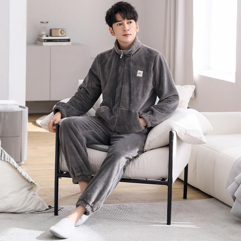 [Antistatic] Flannel Pajamas Men'S Winter Velvet Thickened Warm Flannel Loungewear Zipper Set