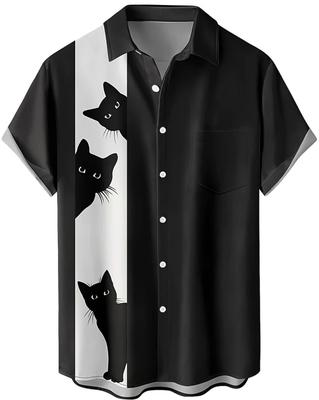 Aspersio Kurzarm Katze Aufdruck Kragen Retro Gemustert und Auffällig Oberteil für Street Cat Print Sommerkleidung Hemd, Einzigartig, Lustig, Herren, Cool, Bunt,