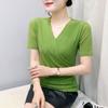 Womens V Neck Wrap Ruched Rhinestone Mesh Short Sleeve Casual Blouse