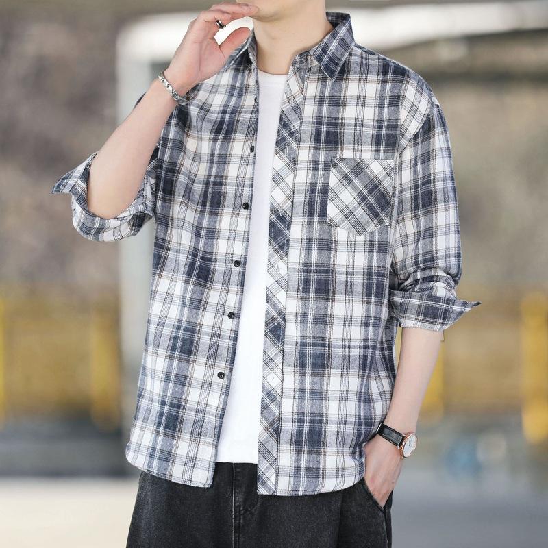 Plaid Shirt Men's Korean Version Trendy Versatile Spring and Autumn Long-sleeved Shirt Jacket Casual Handsome Top Men's Clothing