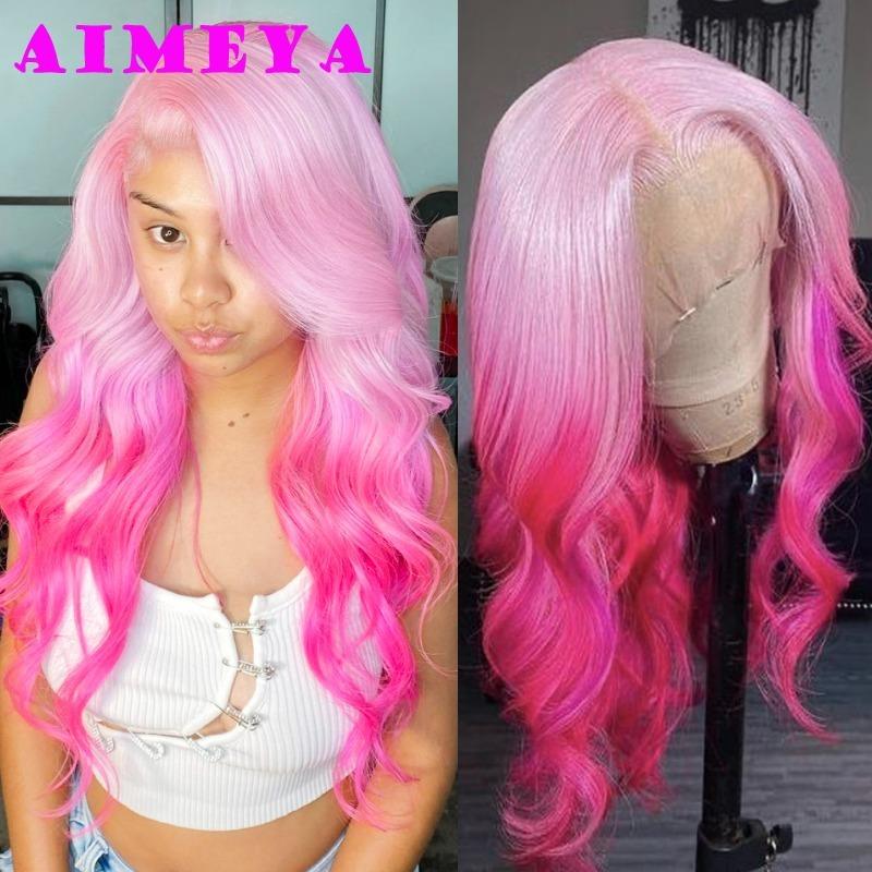 AIMEYA Long Straight Ombre Pink Wig Fashion Silky Synthetic Lace Front Wig Halloween Cosplay Makeup Heat Resistant Fiber Hair