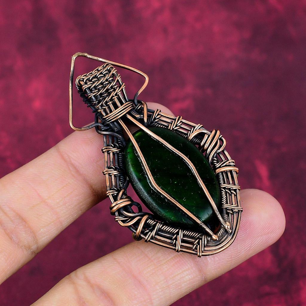 Green Fire Labradorite Gemstone Pendant Copper Wire Wrapped Handmade Jewelry