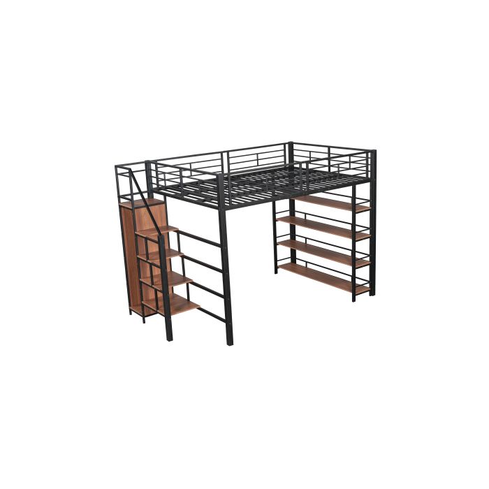 Lit Mezzanine - MUVOE - 140x200 Cm - Noir - Escalier De Rangement - Haute Clôture De Sécurité