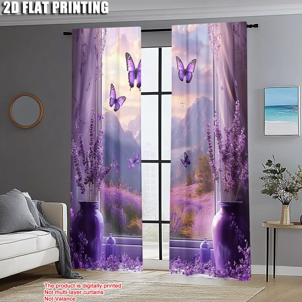 2pcs, Print Curtains 2D Plane Printing Lavender Scene Fabric (without Rod) Thermal Insulation, and Room Darkening Functions