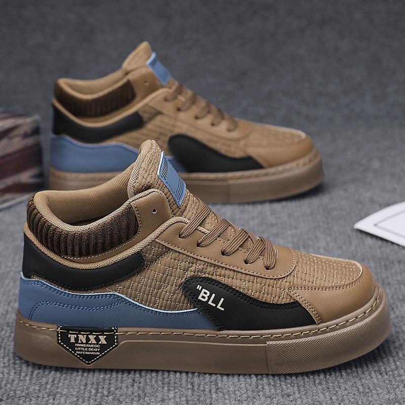 High-top board shoes men's autumn 2024 new casual flat men's shoes stitching versatile sports trendy shoes students and teenagers